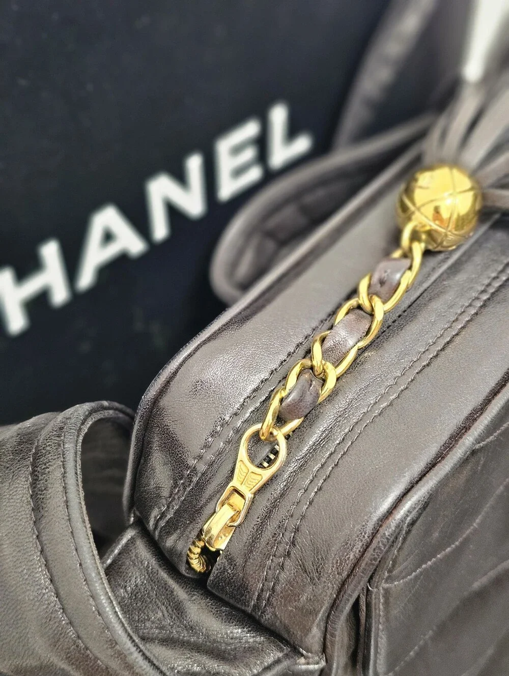 AUTHENTIC Vintage Chanel Black Chevron Leather Tassel Camera Bag (3-Series)